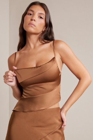 Beige Women's Oh Polly Bias Cut Satin Cowl Neck Crop Tops | 05716IXAW