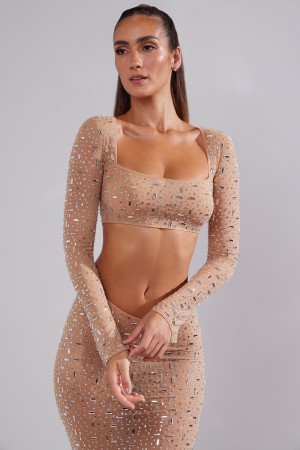 Beige Women's Oh Polly Sheer Embellished Long Sleeve Crop Tops | 45678AOWY