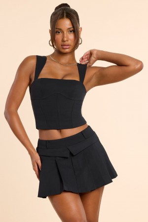 Black Women's Oh Polly Brushed Twill Mid Rise Pleated Micro Mini Skirts | 63798TIJW