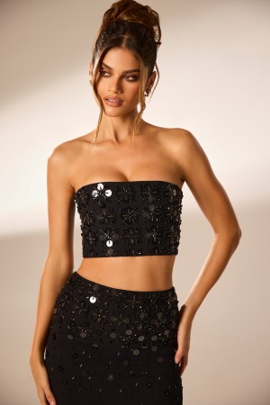 Black Women's Oh Polly Hand Embellished Bandeau Corset Crop Tops | 42860QFIO