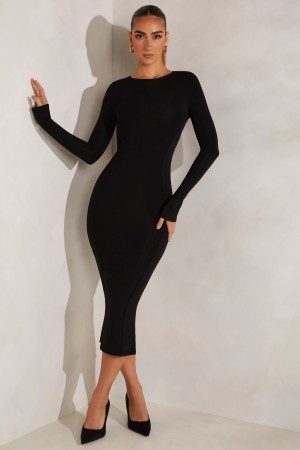 Black Women's Oh Polly High Neck Long Sleeve Open Back Midaxi Dress | 78925KSDG