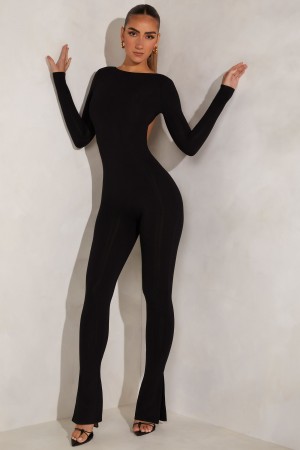 Black Women's Oh Polly High Neck Open Back Jumpsuit | 14608MFNB