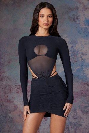 Black Women's Oh Polly Long Sleeve Cut Out Mini Dress | 29051WQTE