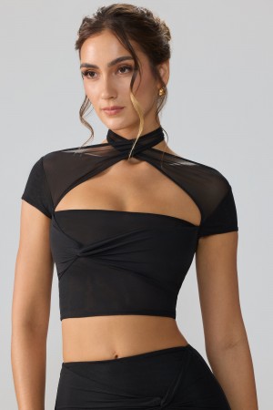 Black Women's Oh Polly Mesh Cap Sleeve Cut Out Crop Tops | 64529SBDT