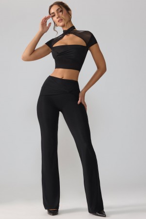 Black Women's Oh Polly Mesh Mid Rise Twist Overlay Flare Pants | 89320ODPY