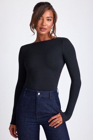 Black Women's Oh Polly Modal High Neck Long Sleeve Open Back Tops | 98053TMUB