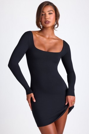 Black Women's Oh Polly Modal Square Neck Long Sleeve Mini Dress | 43902UMZH