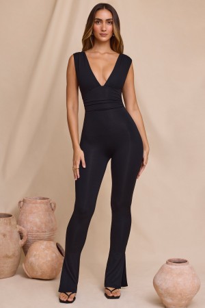 Black Women's Oh Polly Plunge Neck Ruched Waist Jumpsuit | 87461ZJPW