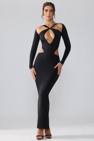 Black Women's Oh Polly Premium Jersey Long Sleeve Cut Out Maxi Dress | 64107RTNG