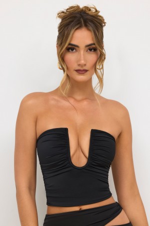 Black Women's Oh Polly Premium Jersey Strapless Plunge Neck Tops | 48957XJCM