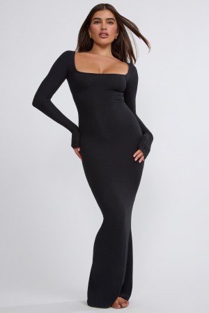 Black Women's Oh Polly Ribbed Modal Long Sleeve Maxi Dress | 79568JTYK