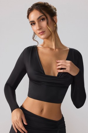 Black Women's Oh Polly Slinky Jersey Plunge Neck Long Sleeve Crop Tops | 54708EOXT