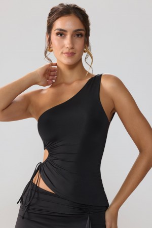 Black Women's Oh Polly Slinky Jersey Ruched Cut Out One Shoulder Tops | 40657HITG