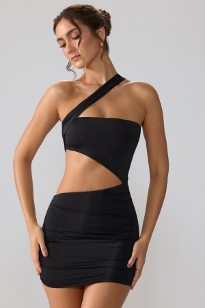 Black Women's Oh Polly Slinky Jersey Ruched Cut Out Mini Dress | 12307PUQL