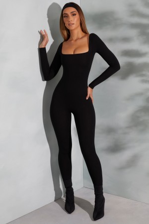 Black Women's Oh Polly Square Neck Long Sleeve Jumpsuit | 14875BEGF