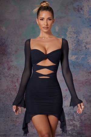 Black Women's Oh Polly Twist Cut Out Long Sleeve Mini Dress | 18045OIZC