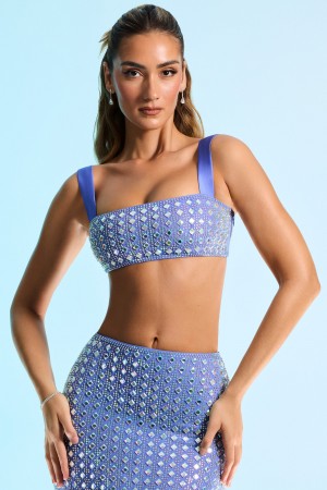 Blue Women's Oh Polly Embellished Square Neck Crop Tops | 41082SDCZ