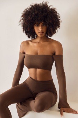 Brown Women's Oh Polly Long Sleeve Bardot Crop Tops | 19487GYHN