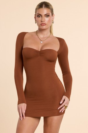 Brown Women's Oh Polly Long Sleeve Ruched Modal Cashmere Blend Mini Dress | 04539YOSA