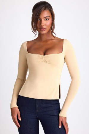 Brown Women's Oh Polly Modal Sweetheart Neckline Long Sleeve Tops | 41928FYKI