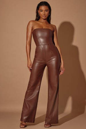 Brown Women's Oh Polly Strapless Wide Leg Vegan Leather Jumpsuit | 18360YTAN