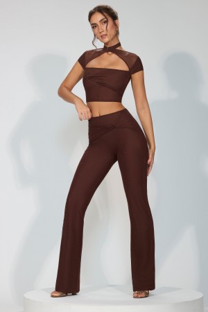 Chocolate Women's Oh Polly Mesh Mid Rise Twist Overlay Flare Pants | 40396IGQP