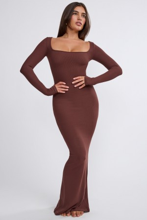 Chocolate Women's Oh Polly Ribbed Modal Long Sleeve Maxi Dress | 24679HPOZ