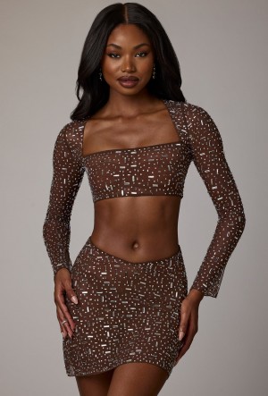 Chocolate Women's Oh Polly Sheer Embellished V Waist Mini Skirts | 89065YNXT