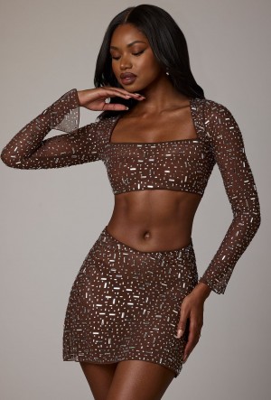 Chocolate Women's Oh Polly Sheer Embellished Long Sleeve Crop Tops | 13567GJRS