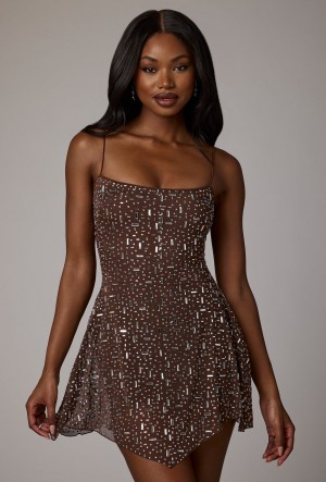 Chocolate Women's Oh Polly Sheer Embellished Scoop Neck Mini Dress | 04972ZEYO