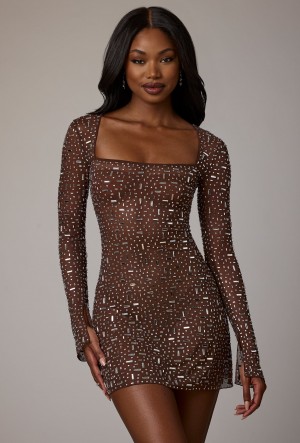 Chocolate Women's Oh Polly Sheer Embellished Long Sleeve A-Line Mini Dress | 47650BAIO