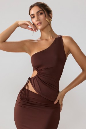 Chocolate Women's Oh Polly Slinky Jersey Ruched Cut Out One Shoulder Tops | 39718LWFD