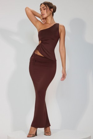 Chocolate Women's Oh Polly Slinky Jersey Asymmetric Waist Maxi Dress | 34208QTBZ