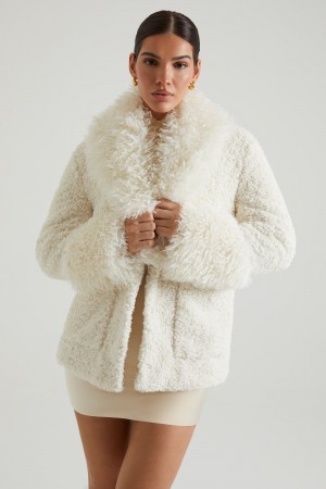 Cream Women's Oh Polly Shearling with Large Front Pockets Coats | 42809HWEQ