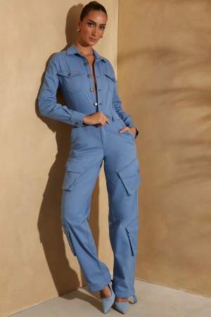 Dark Blue Women's Oh Polly Wide Leg Long Sleeve Cargo Jumpsuit | 80743JZVC