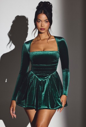 Green Women's Oh Polly Velvet Long Sleeve Corset Mini Dress | 20613ATIY