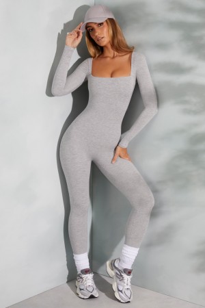 Grey Women's Oh Polly Square Neck Long Sleeve Jumpsuit | 72084YNCF