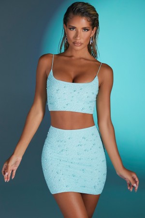 Light Turquoise Women's Oh Polly Embellished Mesh Mini Skirts | 76201ZVMY