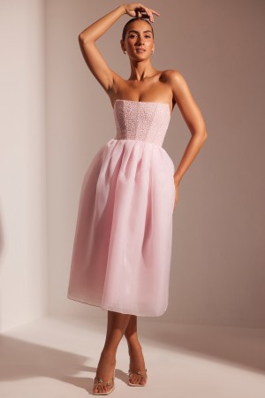 Pink Women's Oh Polly Embellished Corset Tulle Skirt Midi Dress | 94501GZVL