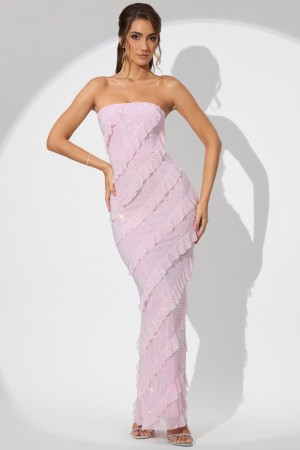 Pink Women's Oh Polly Embellished Strapless Ruffle Maxi Dress | 09486NQJT