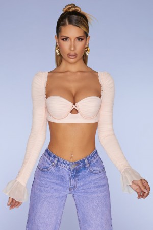 Pink Women's Oh Polly Long Sleeve Ruched Crop Tops | 90681DOXG