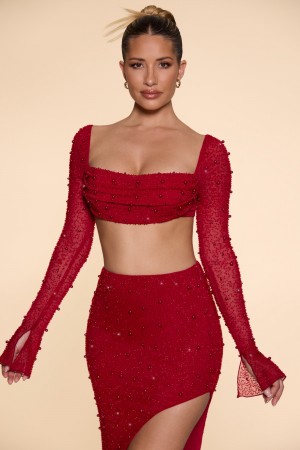 Red Women's Oh Polly Embellished Cowl Neck Crop Tops | 70439DSOB