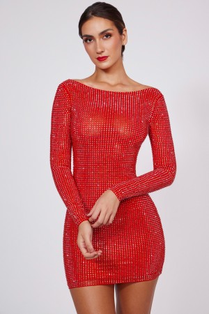 Red Women's Oh Polly Embellished High Neck Cowl Back Mini Dress | 62891YJIU