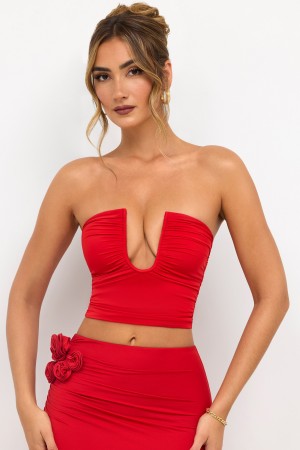 Red Women's Oh Polly Premium Jersey Strapless Plunge Neck Tops | 26041NJTR