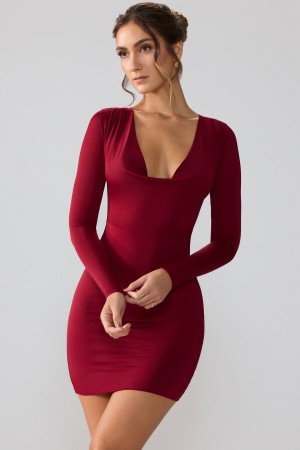 Red Women's Oh Polly Slinky Jersey Long Sleeve Plunge Neck Mini Dress | 63805KHMI