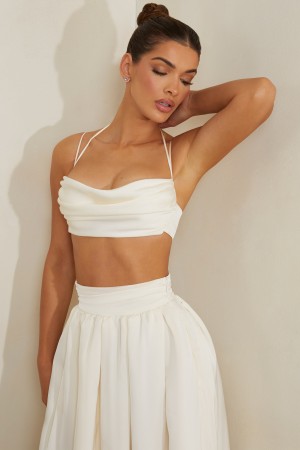 White Women's Oh Polly Cowl Neck Heavy Satin Crop Tops | 69853XBIQ