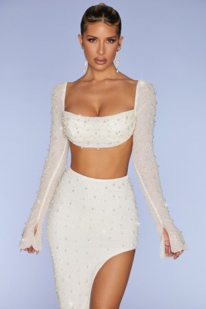 White Women's Oh Polly Embellished Cowl Neck Crop Tops | 21904EONM