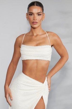 White Women's Oh Polly Embellished Cross Back Crop Tops | 42361PKFO