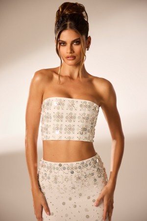 White Women's Oh Polly Hand Embellished Bandeau Corset Crop Tops | 03247CVPH