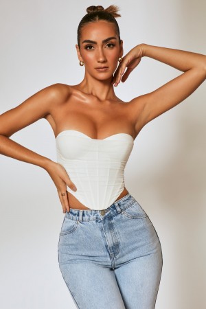 White Women's Oh Polly Mesh Overlay Corset Tops | 35694AFGM